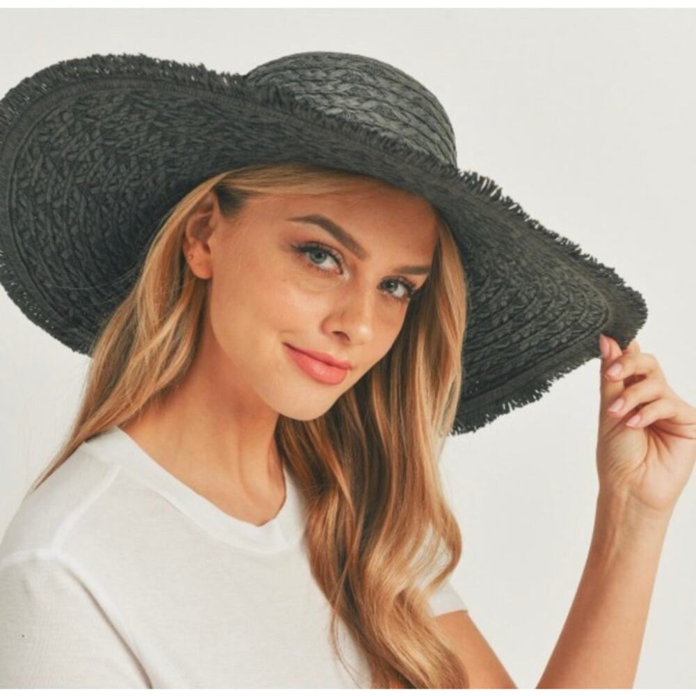 RETAIL $30 Solid Floppy Sun Hat with Fringe Edge*Black